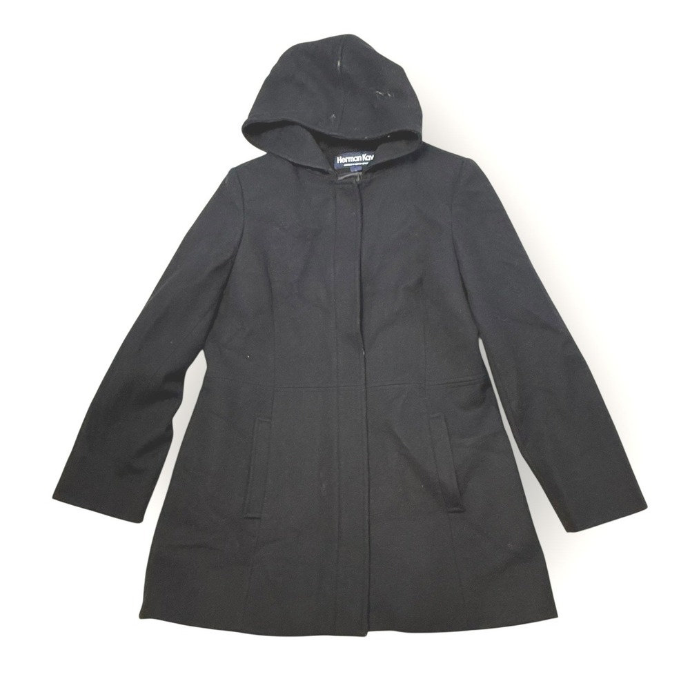 Herman Kay Black Wool Blend Hooded Coat Women's Size L